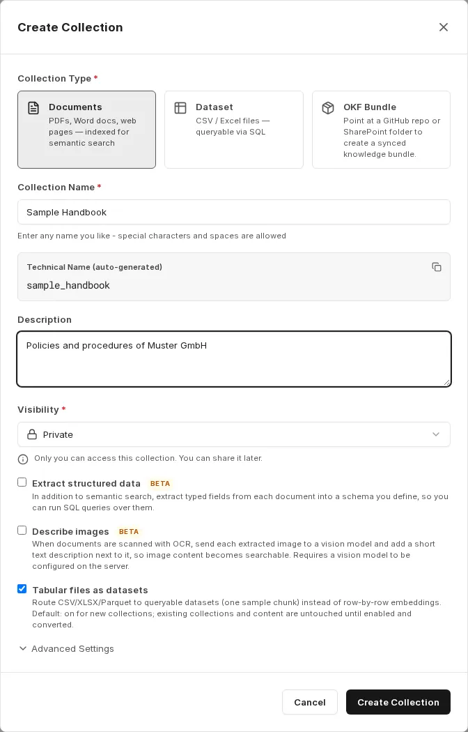"Create collection" dialog with collection type, collection name, technical name, description, visibility and the options to extract structured data, describe images and store tabular files as datasets