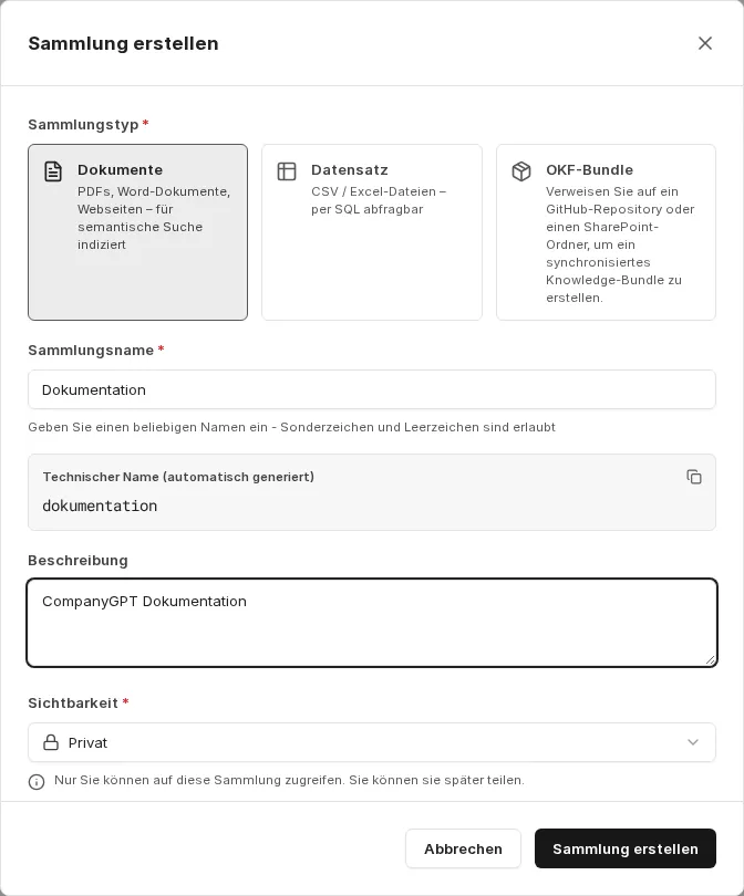 Dialog „Sammlung erstellen“ mit dem Sammlungstyp Dokumente, dem Namen Dokumentation und dem technischen Namen dokumentation