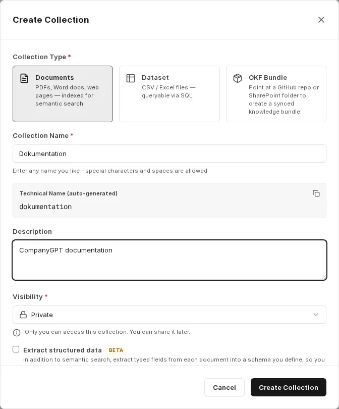 The "Create Collection" dialog with the collection type Documents, the name Dokumentation and the technical name dokumentation