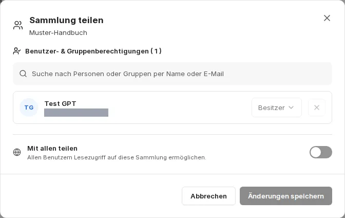 Dialog „Sammlung teilen“ mit Suchfeld für Personen und Gruppen, dem Eintrag des Besitzers mit seiner Rolle und dem Schalter Mit allen teilen