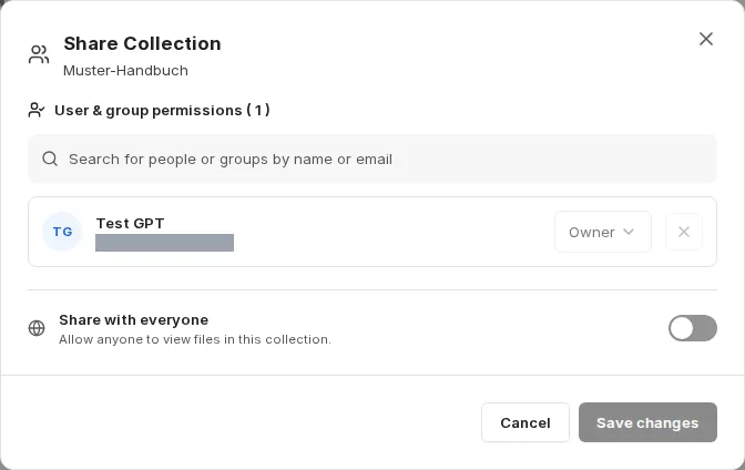 The "Share Collection" dialog with the search field for people and groups, the owner entry with its role and the Share with everyone switch