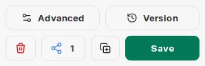 Bottom bar of an agent form with Advanced, Version, Delete, Share, Duplicate, and Save