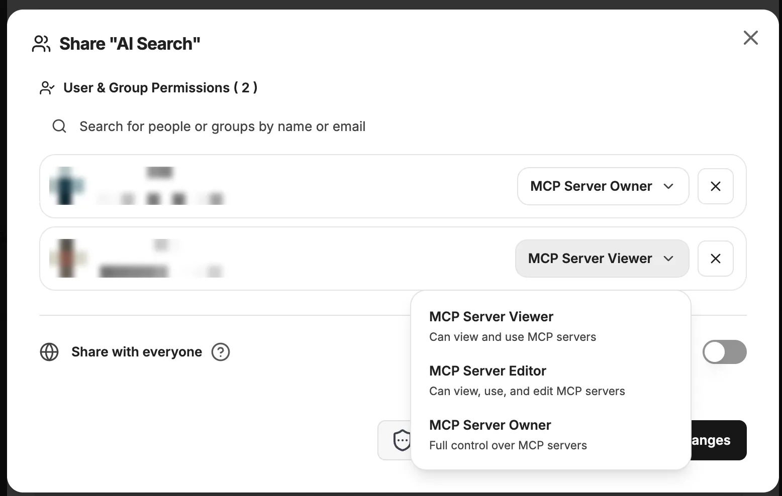 Share dialog of an MCP server with permissions and the roles MCP Server Viewer, Editor, and Owner