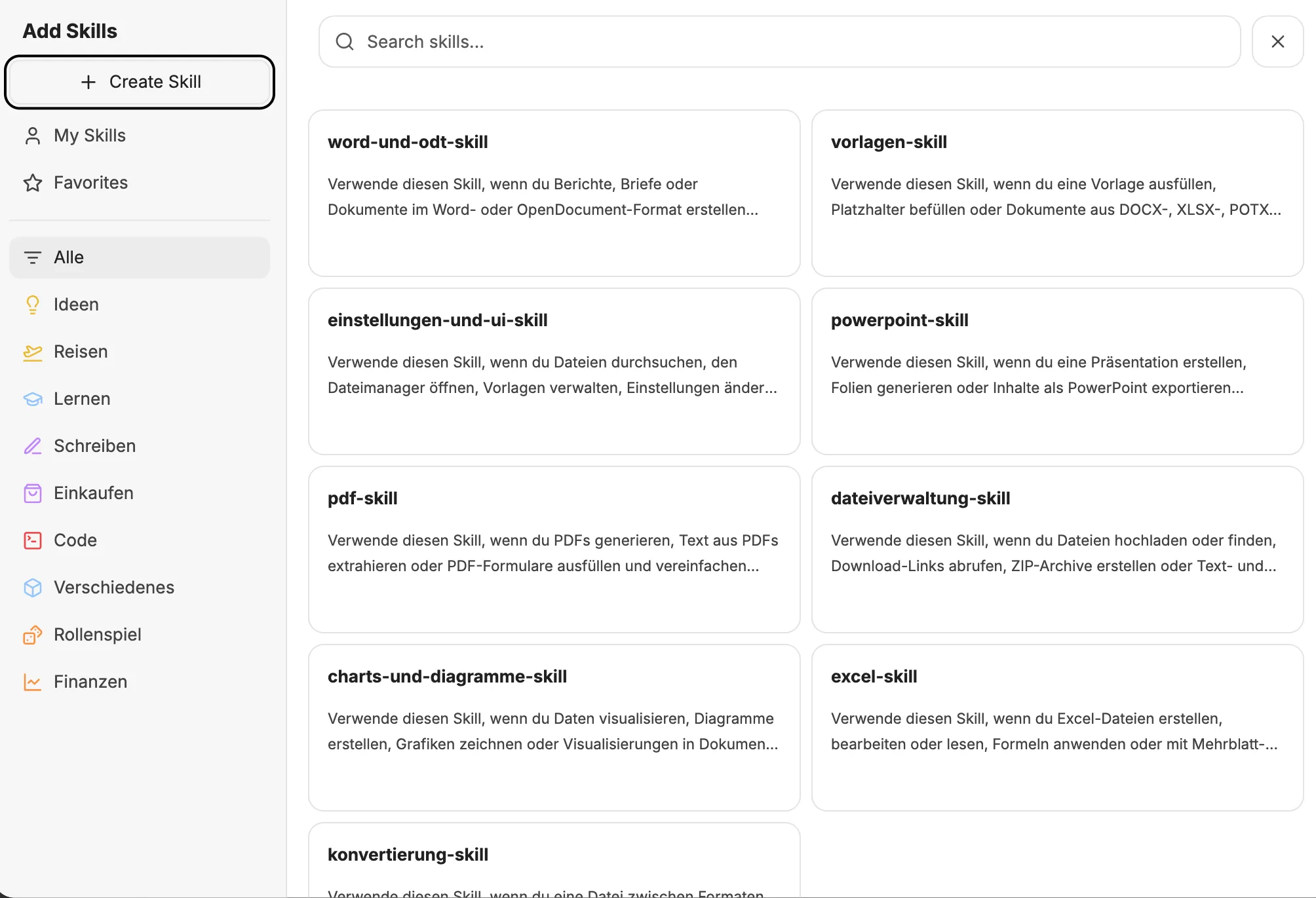 Skill-Katalog zum Hinzufügen von Skills zu einem Agenten
