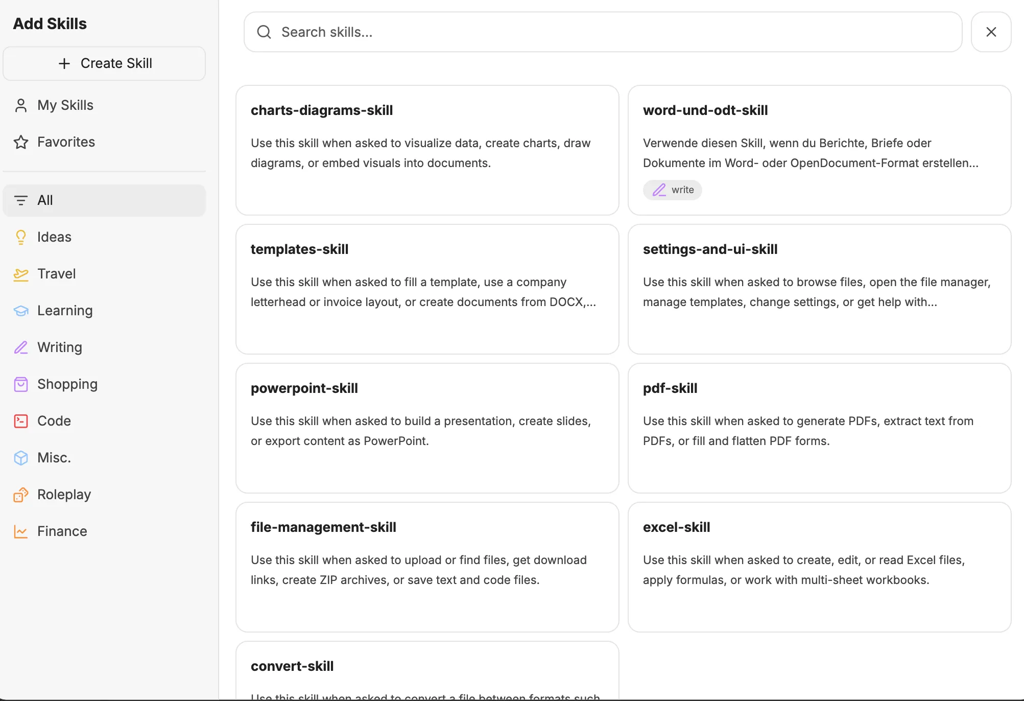 Skill catalog for adding skills to an agent