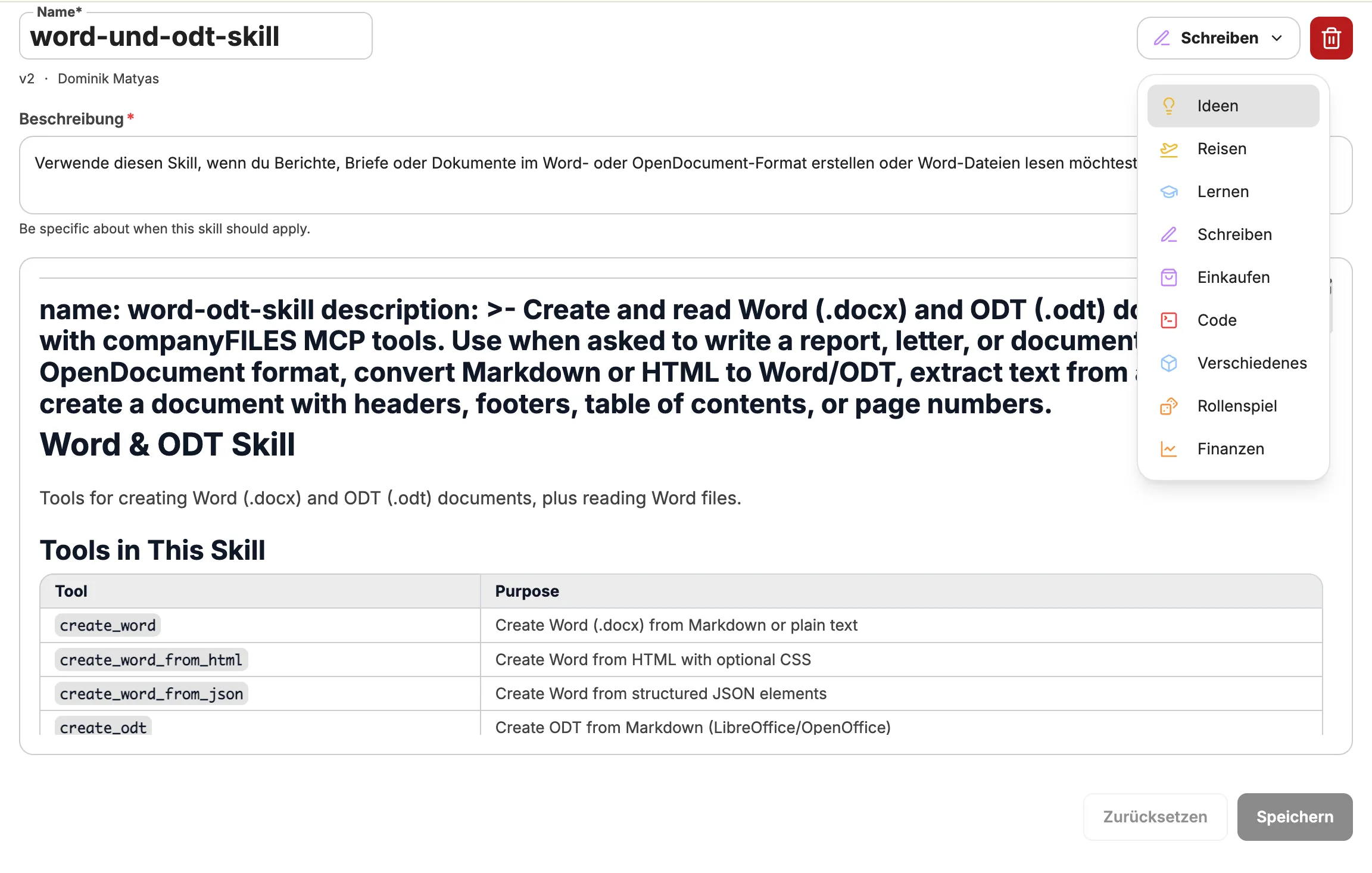 Bearbeitungsformular eines Skills mit Feldern für Name, Beschreibung und Kategorie