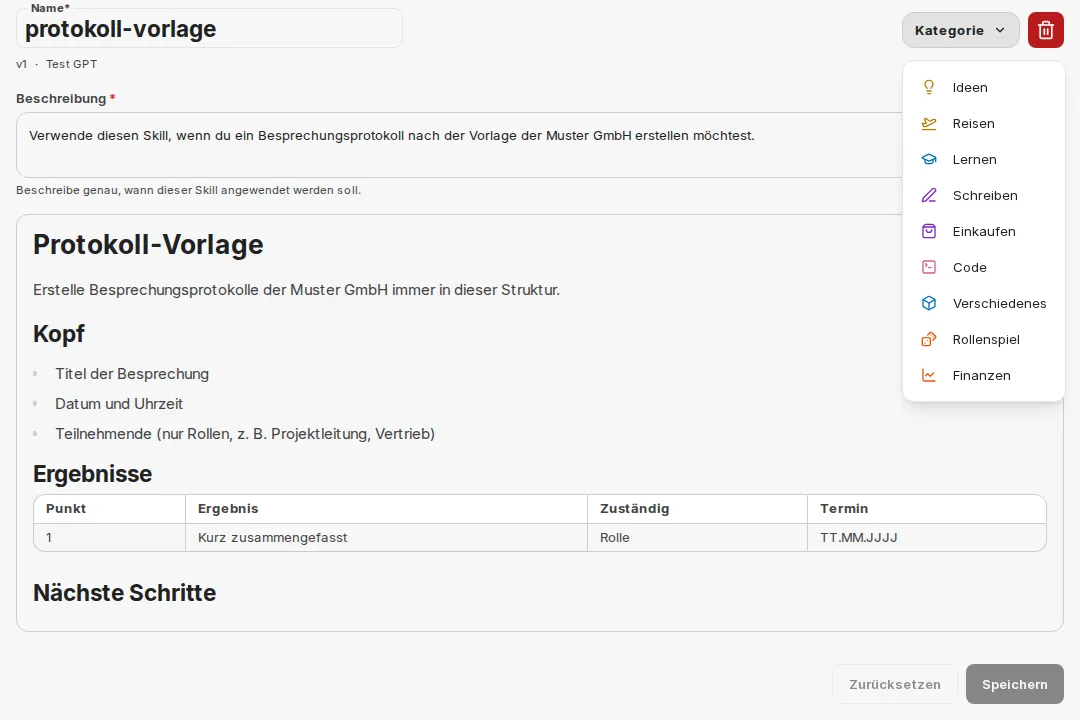 Bearbeitungsansicht eines Skills mit Name, Beschreibung, Skill-Inhalt und geöffnetem Menü Kategorie