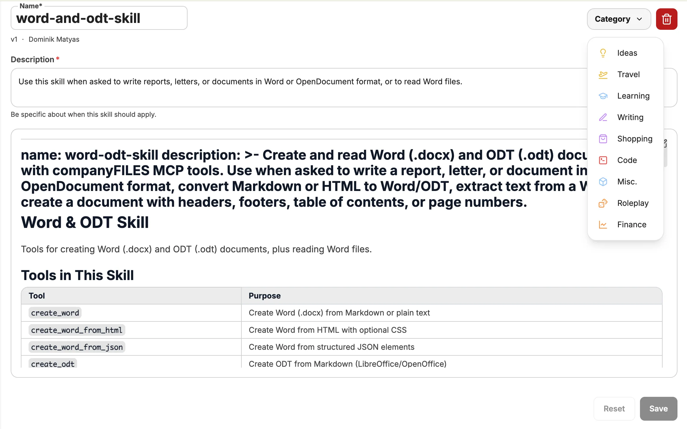 Skill edit form showing Name, Description, Instructions, and Category fields