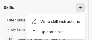 Dropdown menu with options to write or upload a skill
