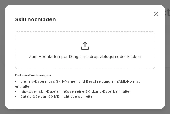Upload-Dialog für Skills mit Drag-and-Drop-Bereich