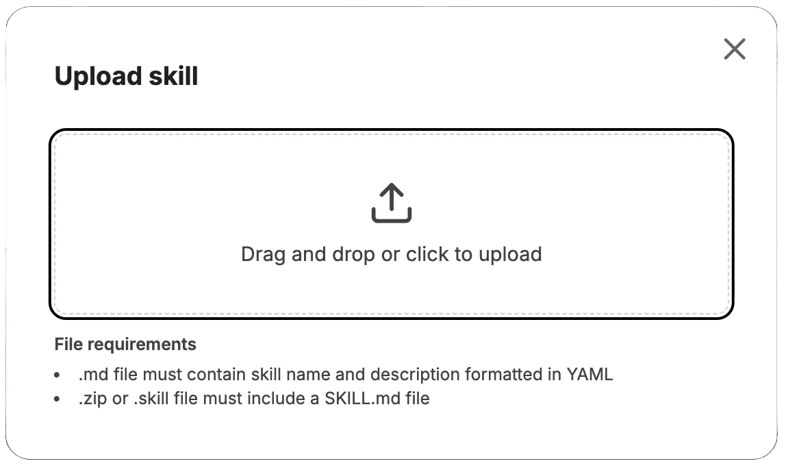 Upload-Dialog für Skills mit Drag-and-Drop-Bereich