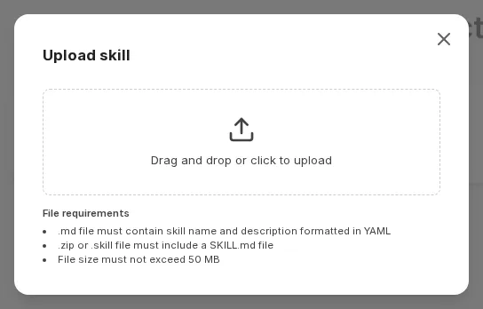 Upload area for importing skill files