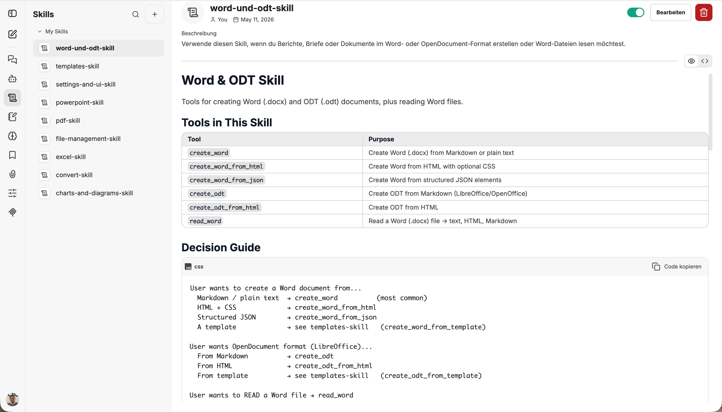 Detailansicht eines Skills mit gerendertem Markdown-Inhalt