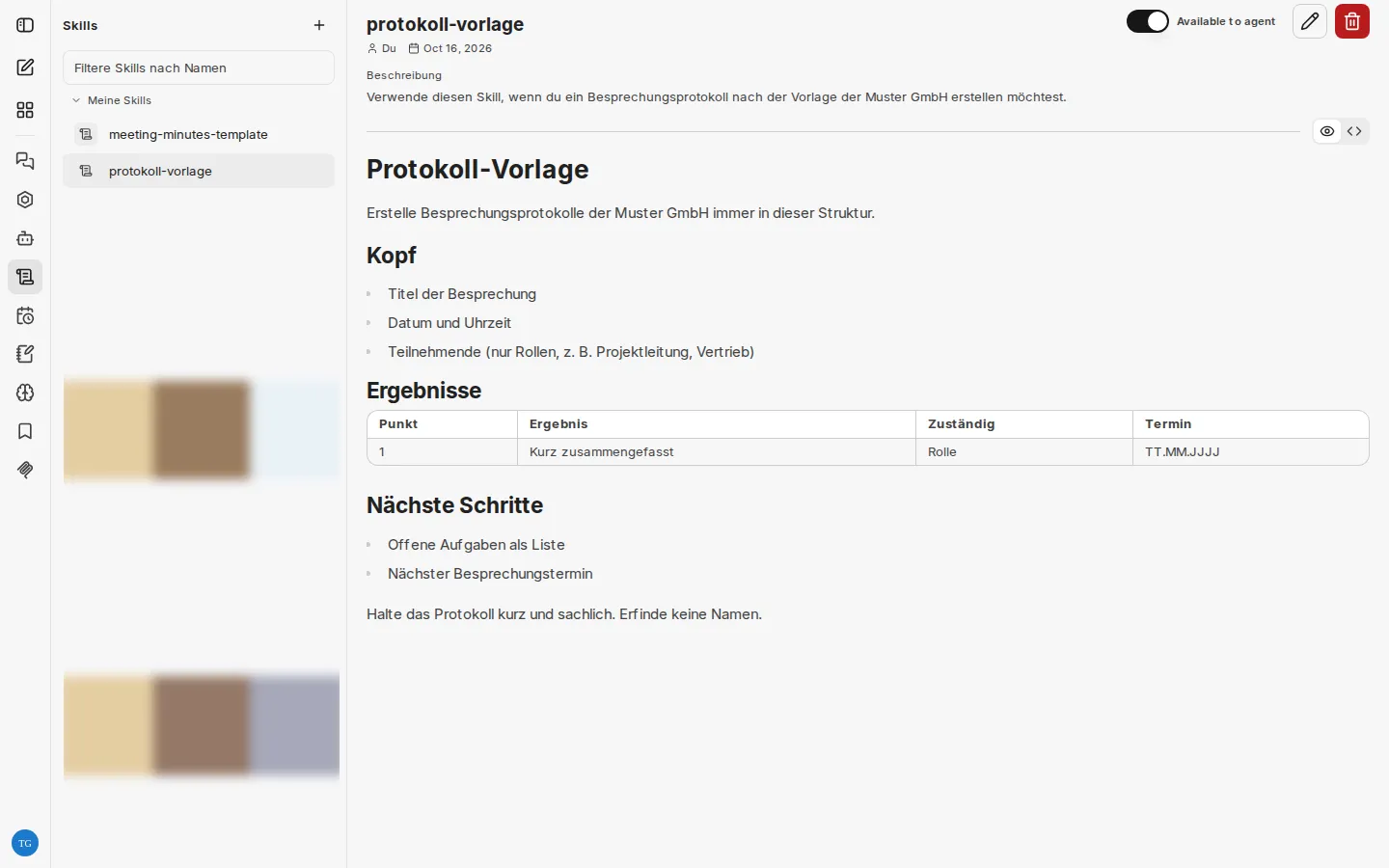 Detailansicht eines Skills mit Beschreibung, gerendertem Markdown-Inhalt und dem Schalter Available to agent