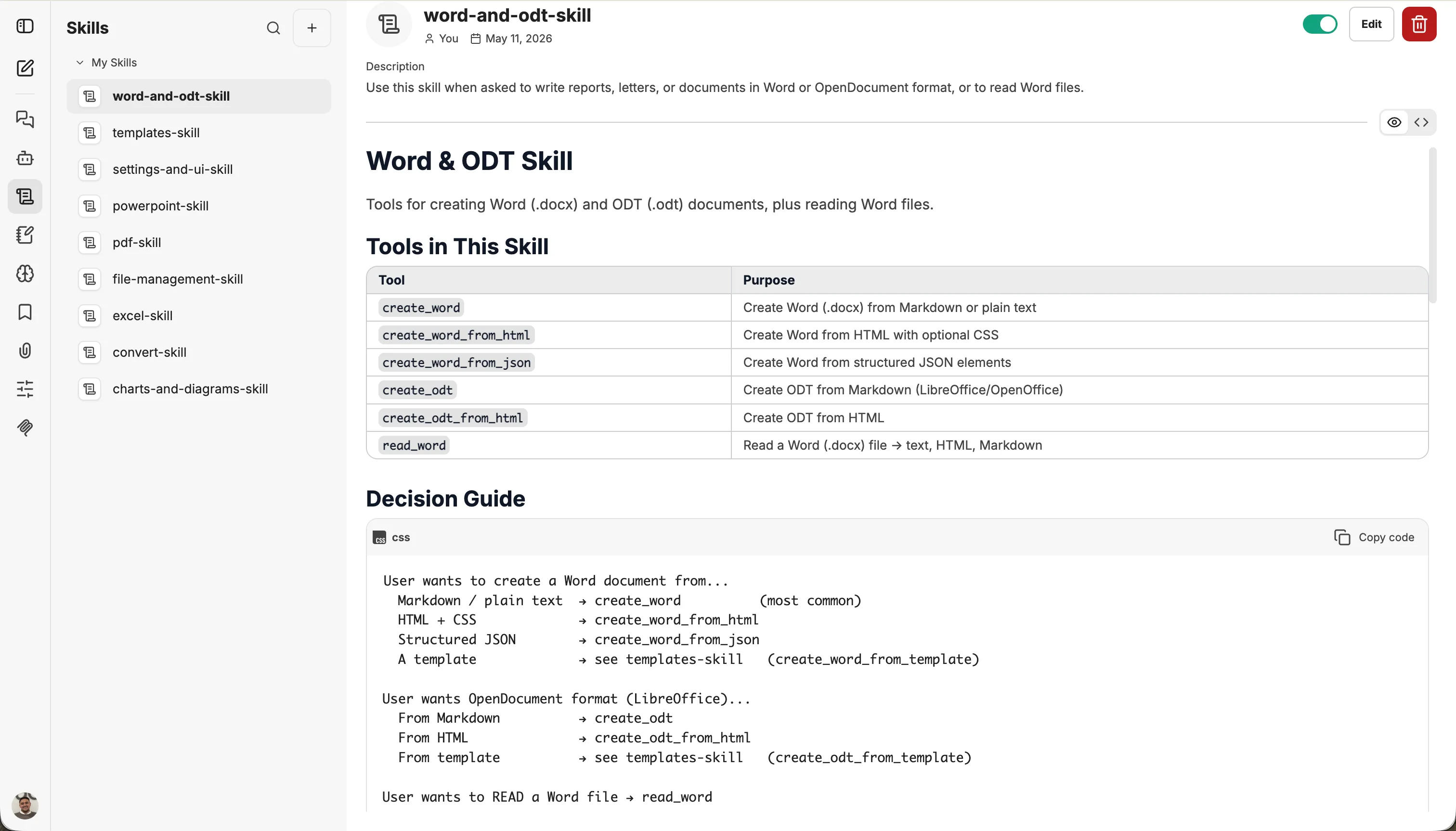 Skill detail view showing rendered content with toggle, edit, and delete options