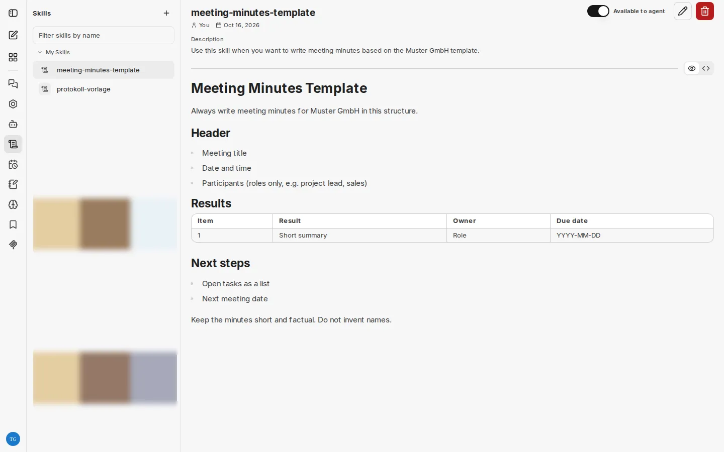 Skill detail view with description, rendered Markdown content, and the Available to agent switch