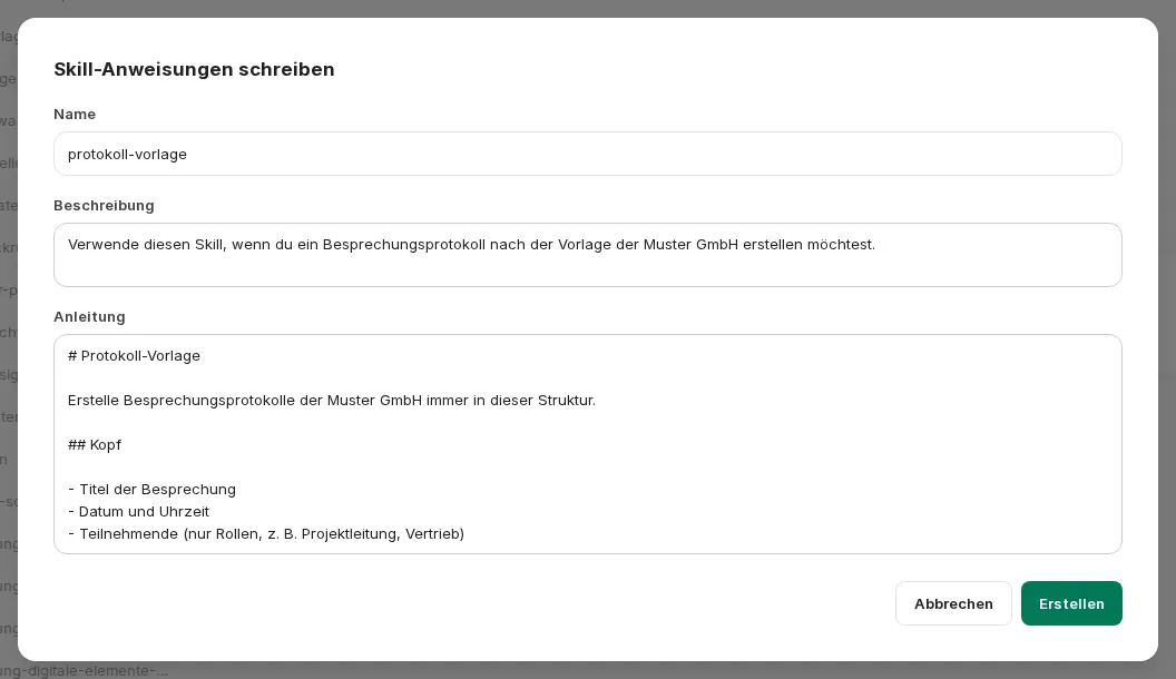 Dialog Skill-Anweisungen schreiben mit ausgefüllten Feldern Name, Beschreibung und Anleitung