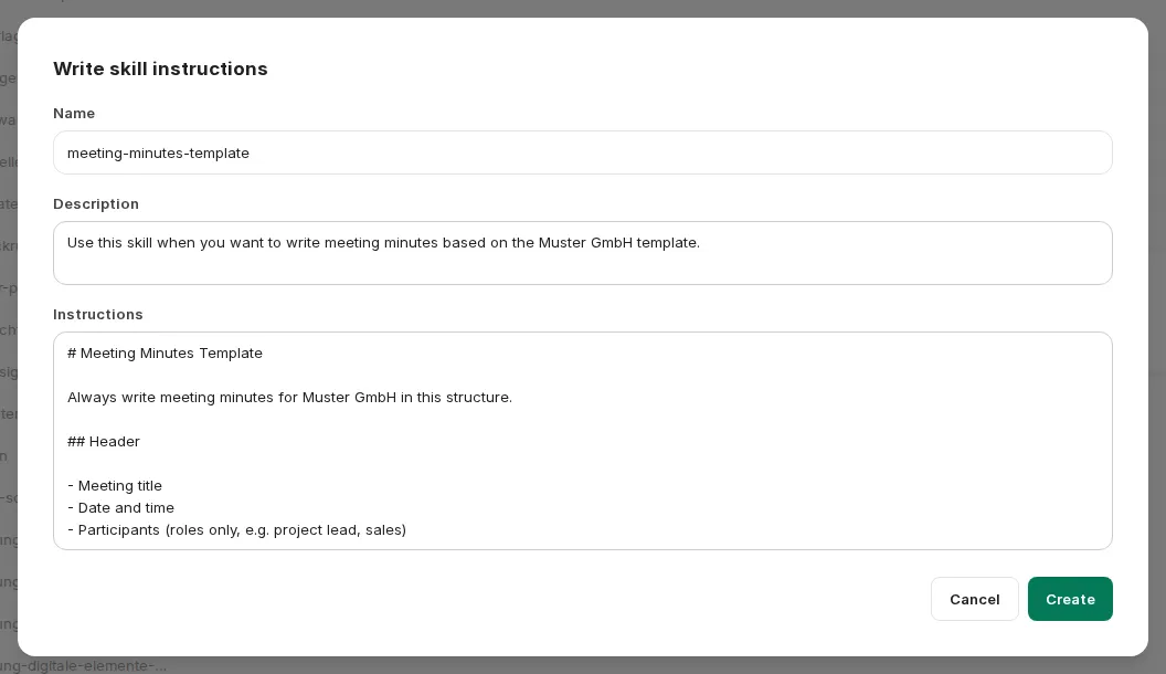 Write skill instructions dialog with filled-in Name, Description, and Instructions fields