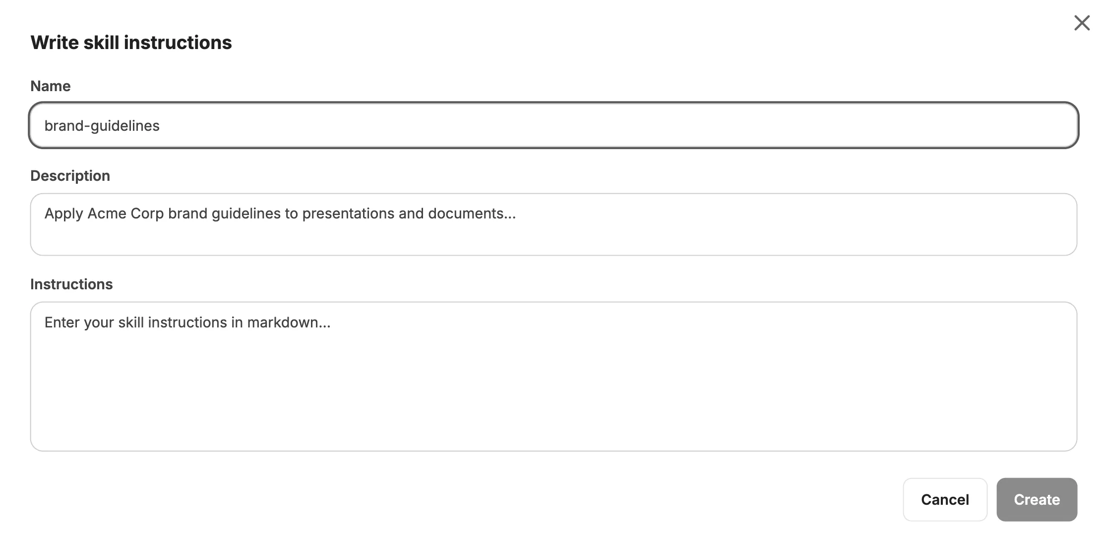 Form for writing a new skill with Name, Description, and Instructions fields
