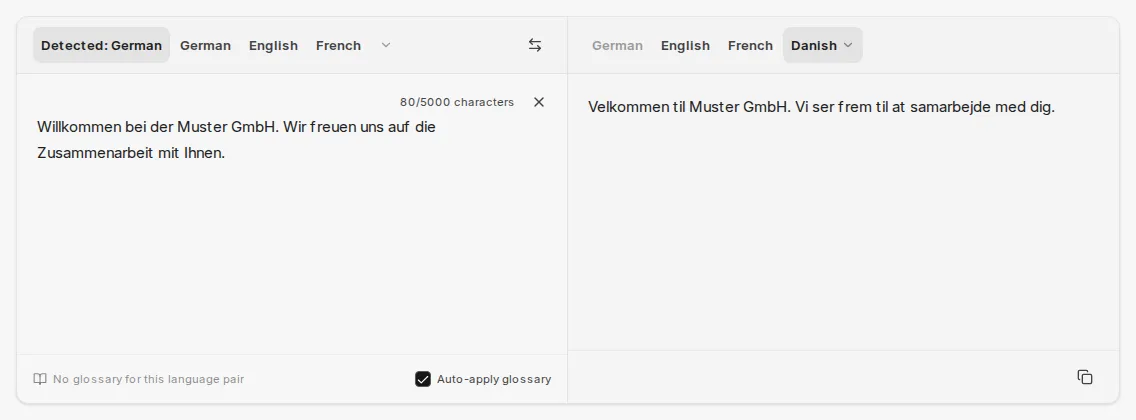 Detected source language with a Danish translation