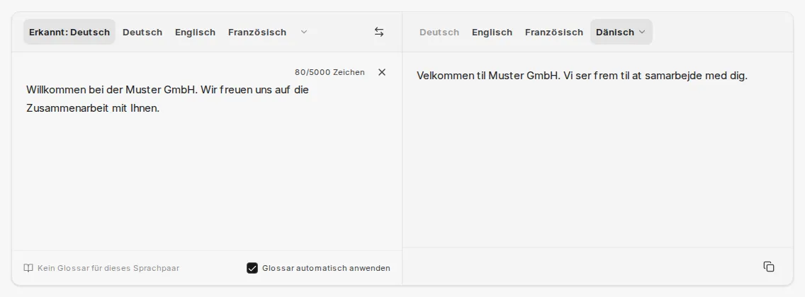 Erkannte Ausgangssprache und dänische Übersetzung