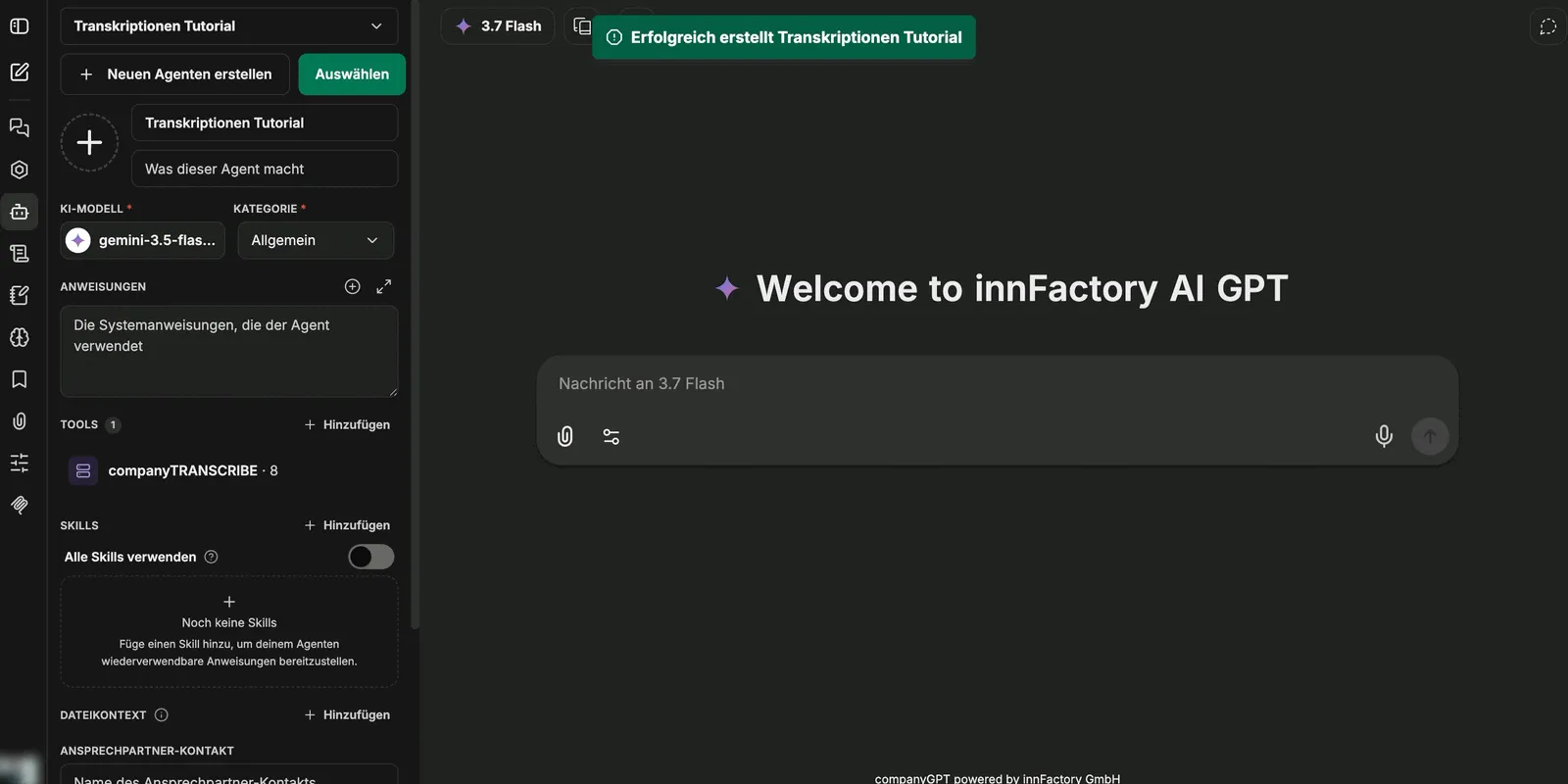 Agent mit eingebundenem MCP-Server companyTRANSCRIBE