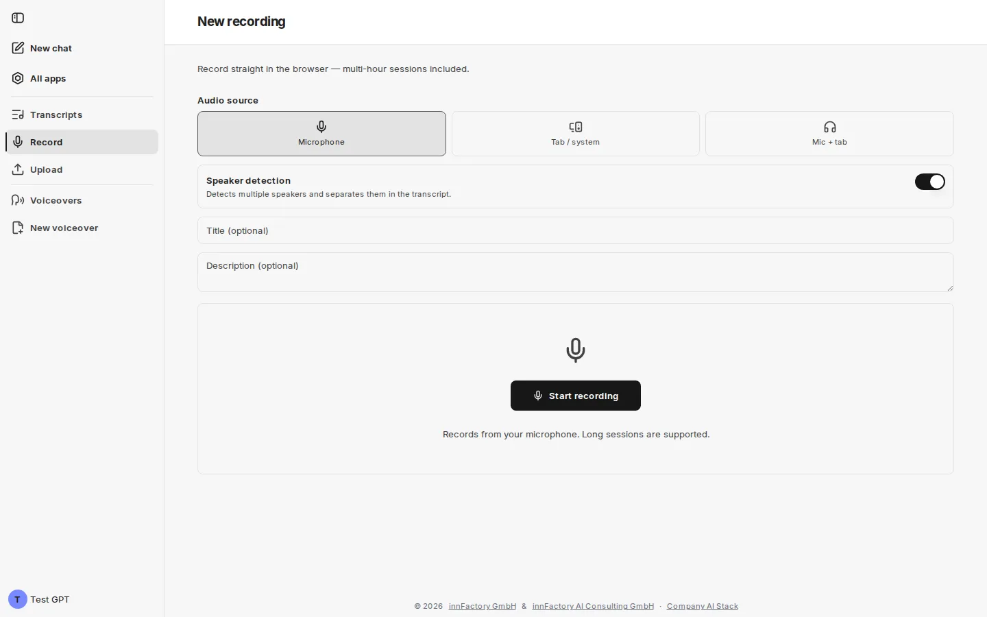 The new recording form with audio source, speaker detection enabled, and the title and description fields