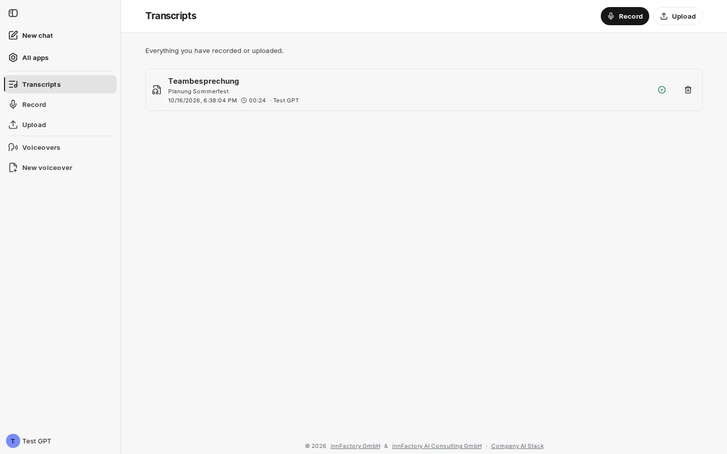 Overview of your own transcripts with the upload and record buttons