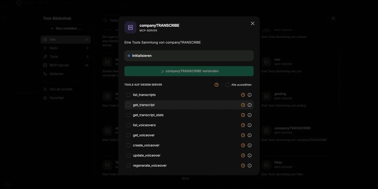 Dialog des MCP-Servers companyTRANSCRIBE mit der Liste der verfügbaren Tools