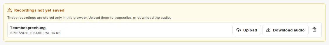 The Recordings not yet saved block with one recording and the Upload and Download audio buttons