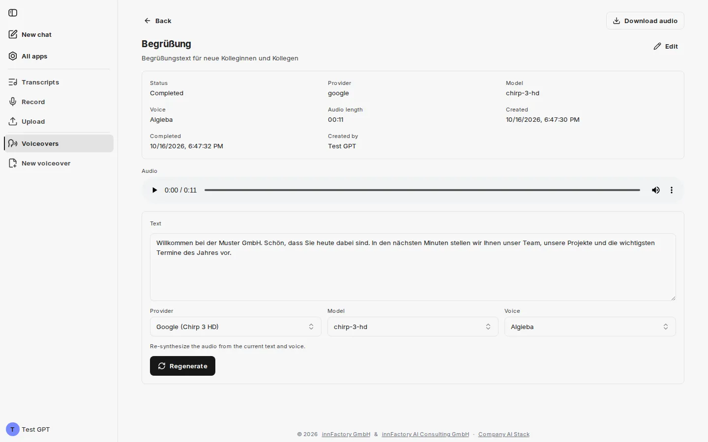 A finished voiceover with metadata, audio player, text field, and the regenerate button