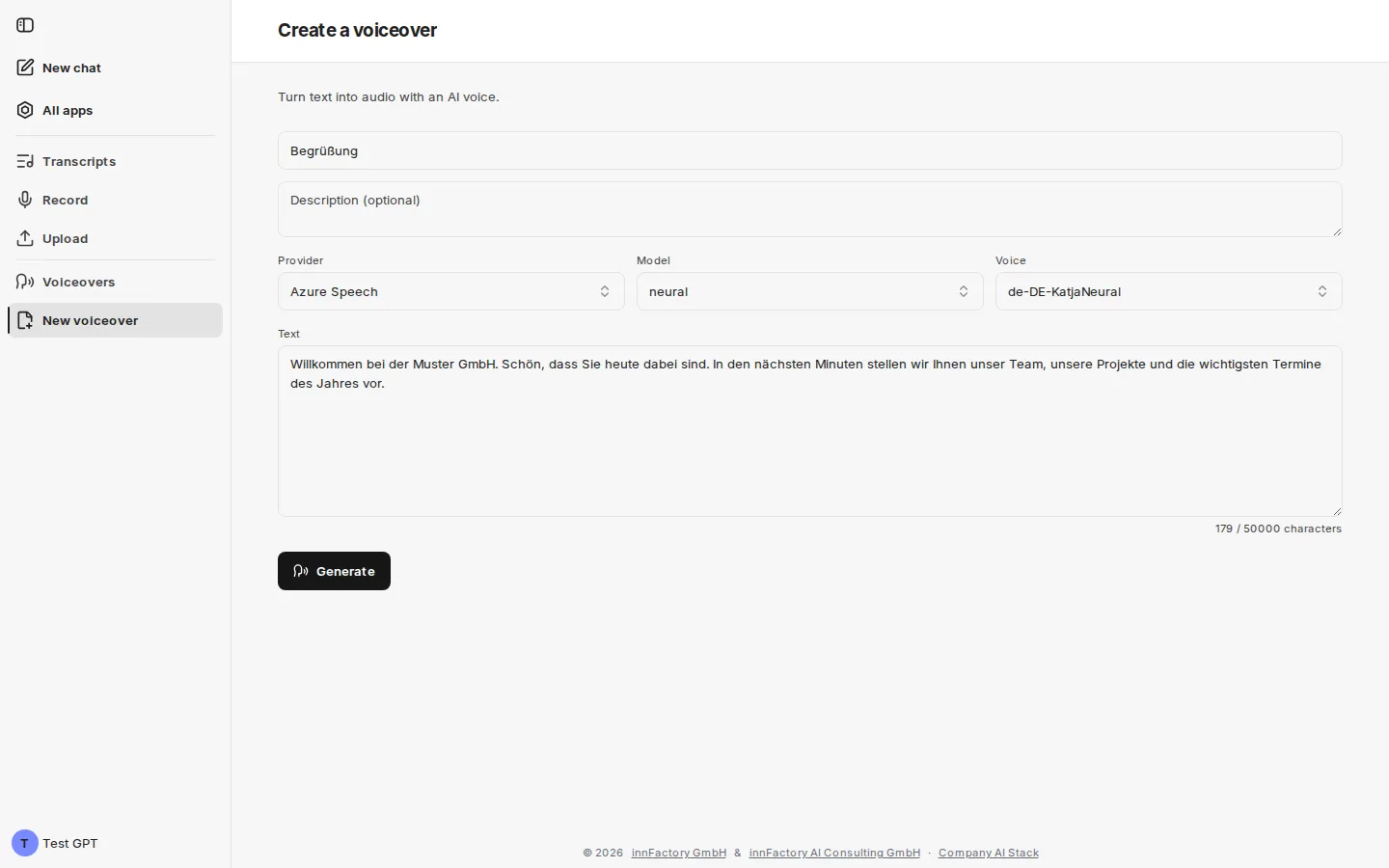 The create voiceover form with provider, model, voice, text field, and character counter