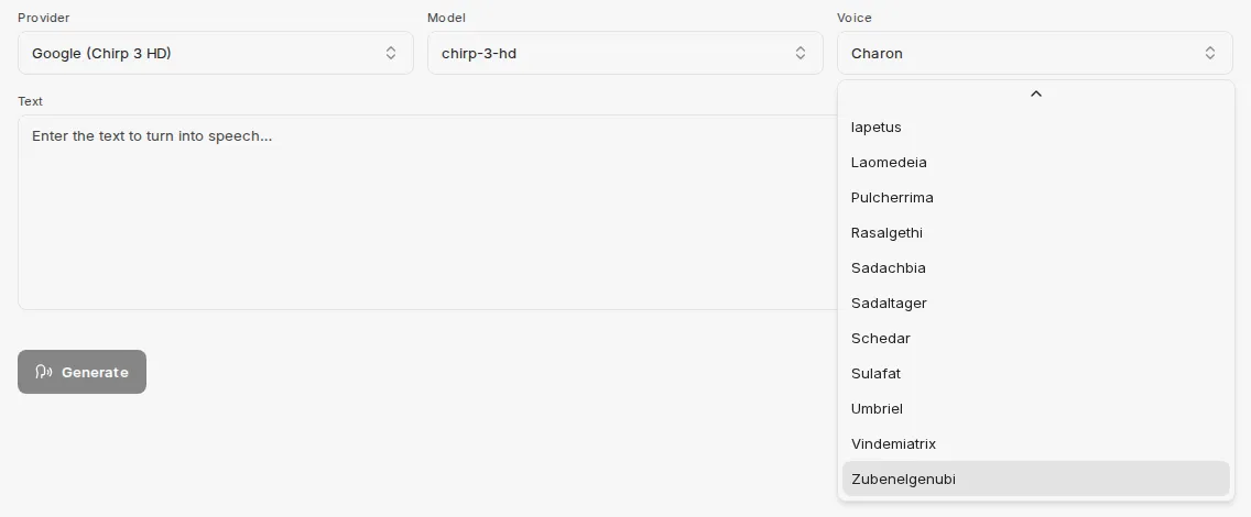 The open voice selector for Google Chirp 3 HD