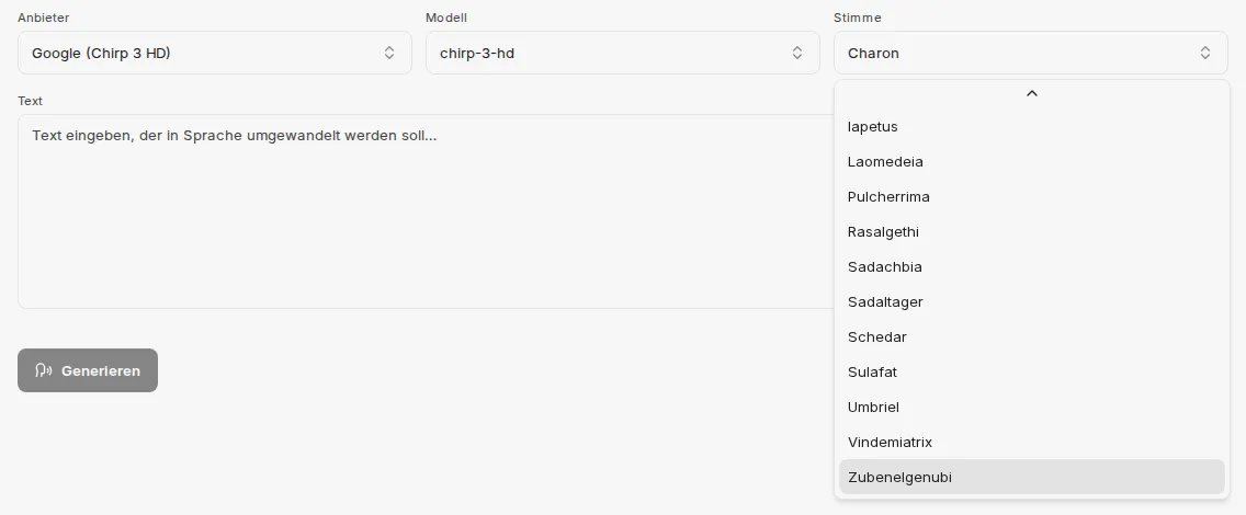 Geöffnete Stimmenauswahl für Google Chirp 3 HD