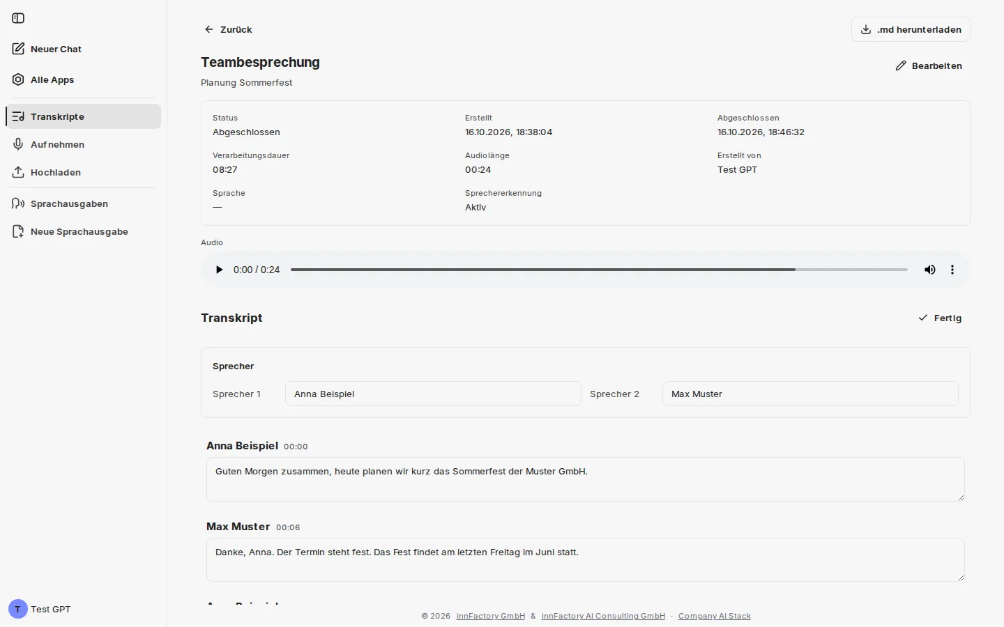 Detailansicht eines Transkripts mit Metadaten, Audiospieler und geöffnetem Bearbeitungsmodus