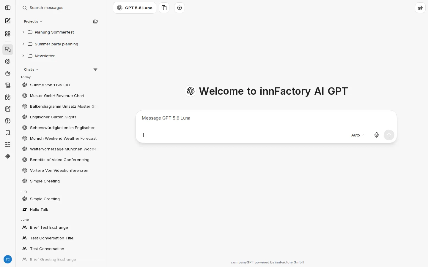 New chat with sidebar, chat history, and input bar