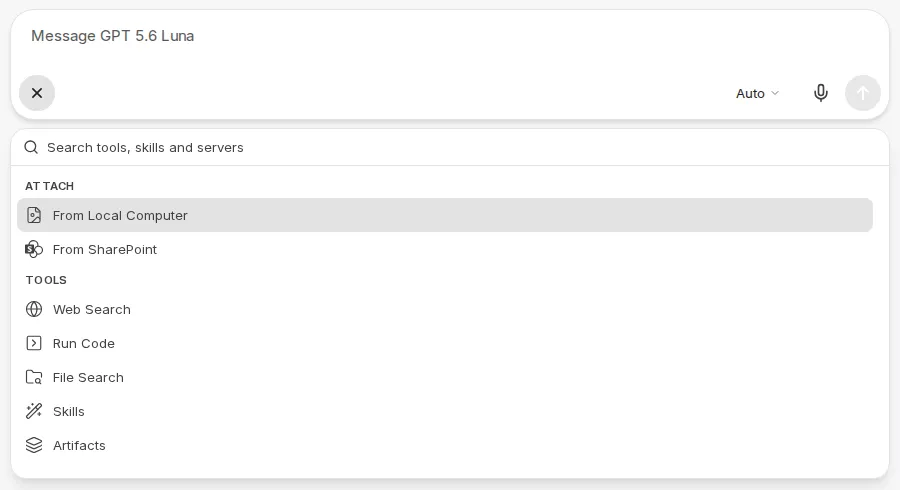 Input bar with the Attach and tools menu open: search field, upload options and tools