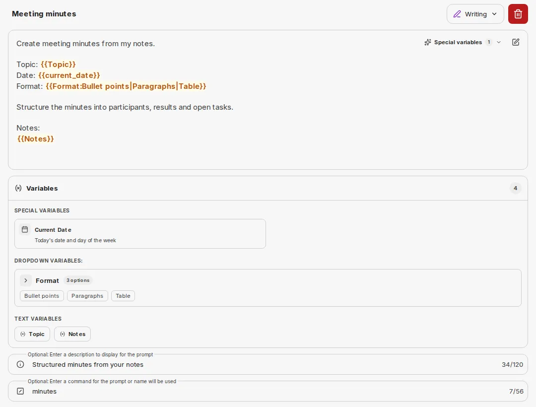 Edit page of a prompt with name, category, text with variables, the Variables area, and description and command