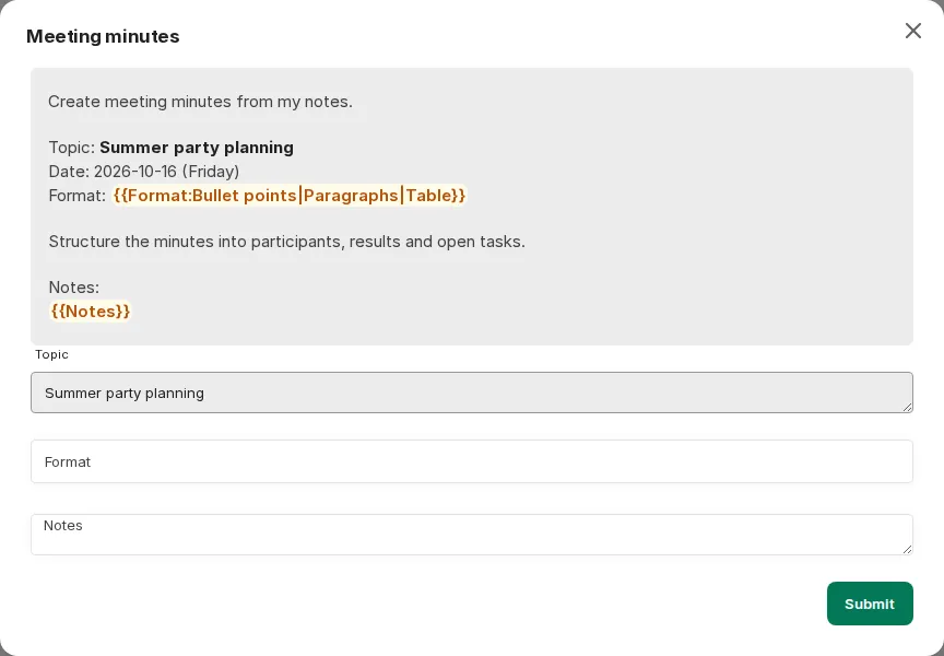 Input window for the variables of a prompt with the Submit button