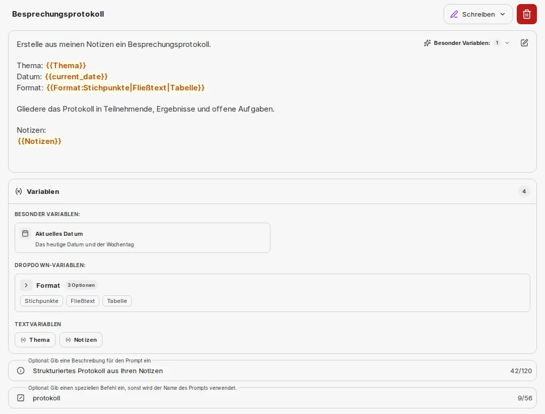 Bearbeitungsseite eines Prompts mit Name, Kategorie, Text mit Variablen, dem Bereich Variablen sowie Beschreibung und Befehl