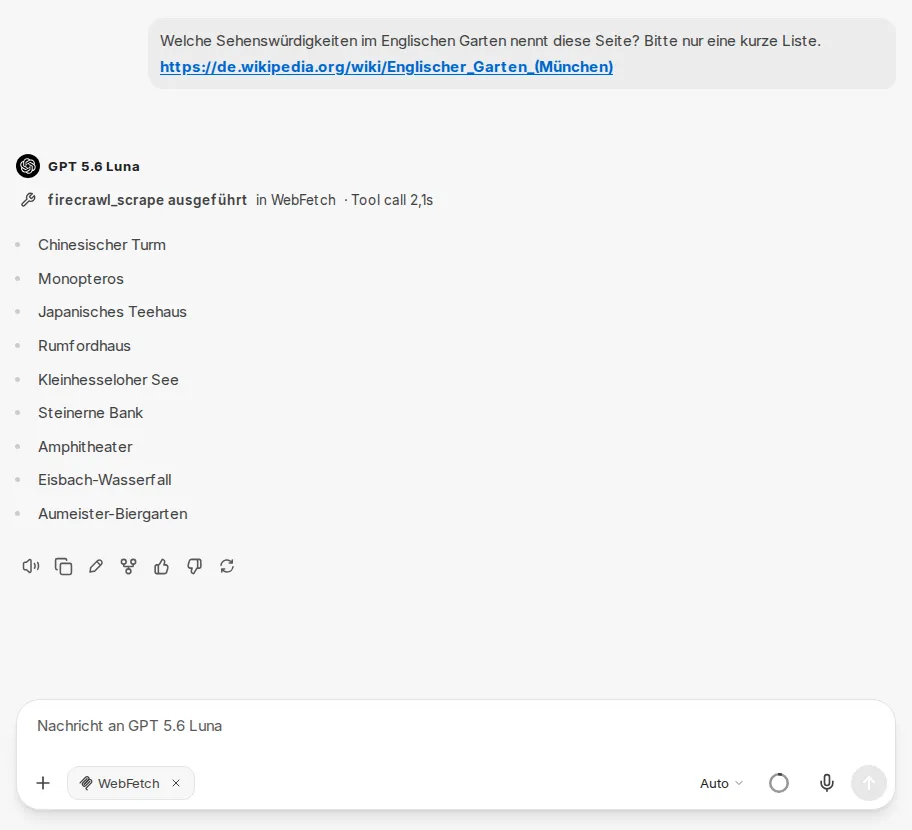 Chat mit WebFetch: Frage mit Link auf eine Wikipedia-Seite, der Aufruf in WebFetch und die Antwort als Liste; unten der Chip WebFetch