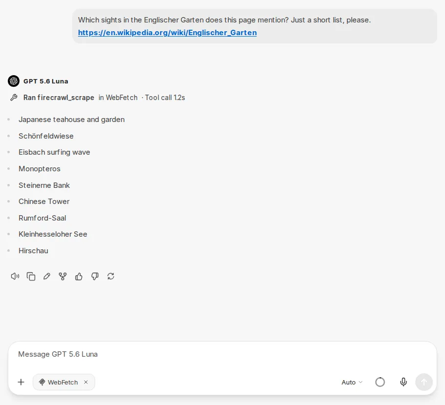 Chat with WebFetch: question with a link to a Wikipedia page, the WebFetch call, and the answer as a list; WebFetch chip in the input bar