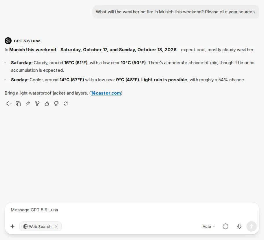 Chat with Web Search turned on: answer about the weather with linked sources, Web Search chip in the input bar
