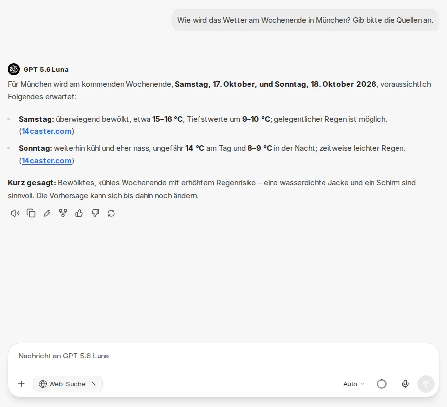 Chat mit aktiver Websuche: Antwort zum Wetter mit verlinkten Quellen, unten in der Eingabeleiste der Chip Web-Suche