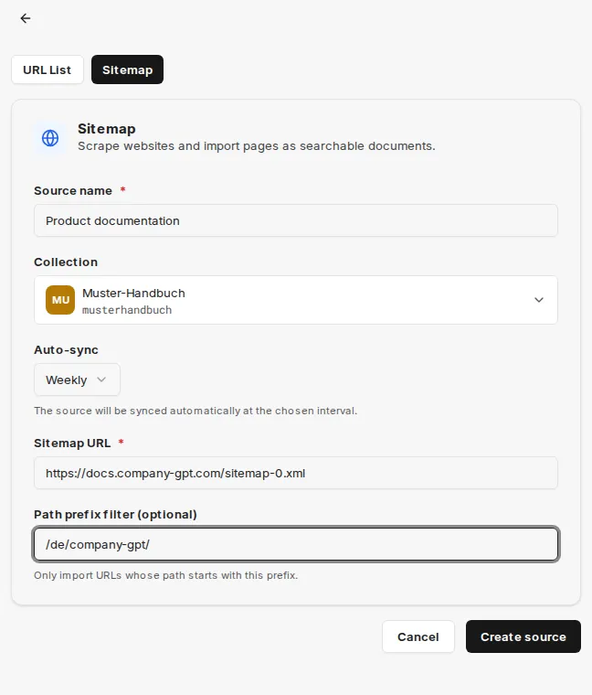 Sitemap crawl with sitemap URL, target collection, auto-sync and path prefix filter