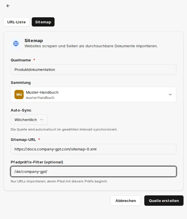 Sitemap-Crawl mit Sitemap-URL, Zielsammlung, Auto-Sync und Pfadpräfix-Filter