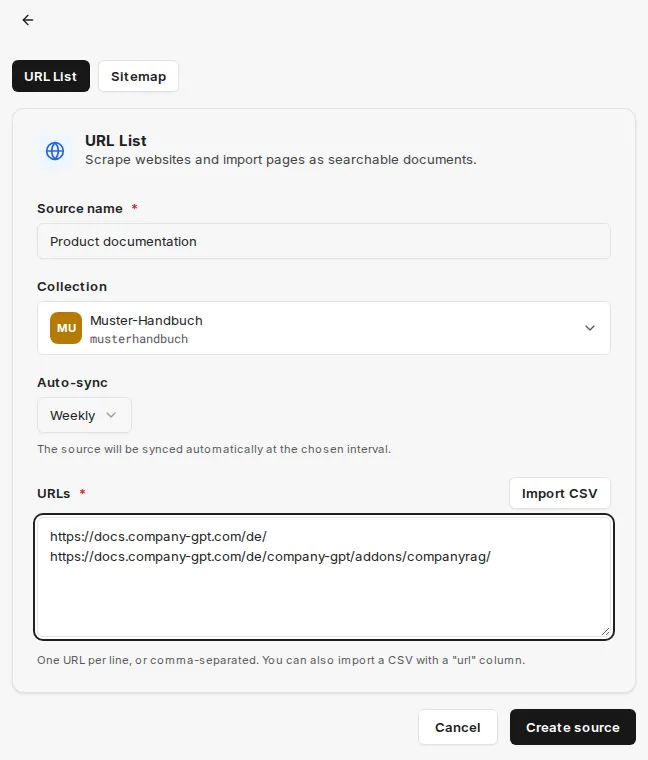 Web crawl source with a list of individual URLs