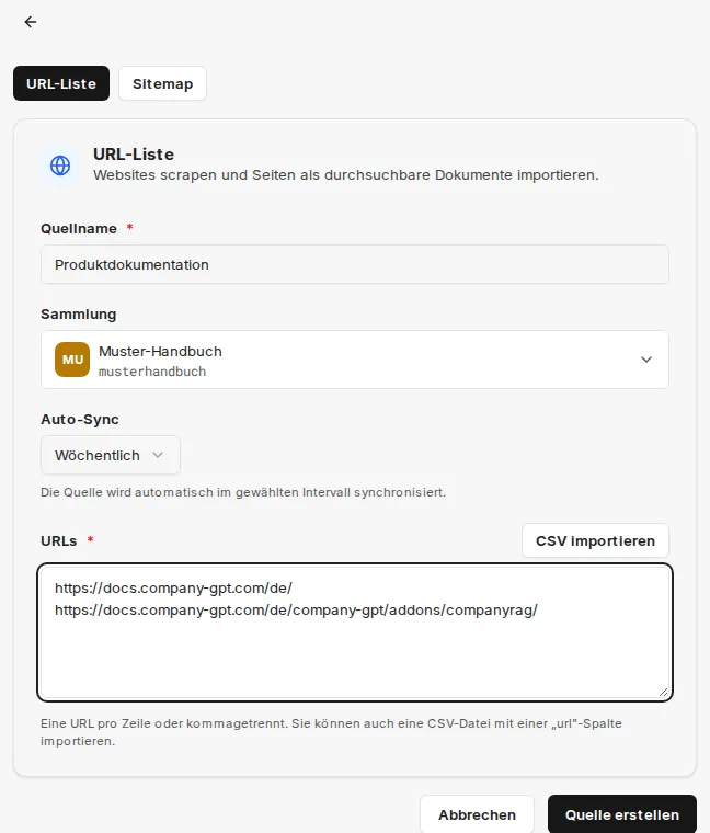 Web-Crawl-Quelle mit Liste einzelner URLs